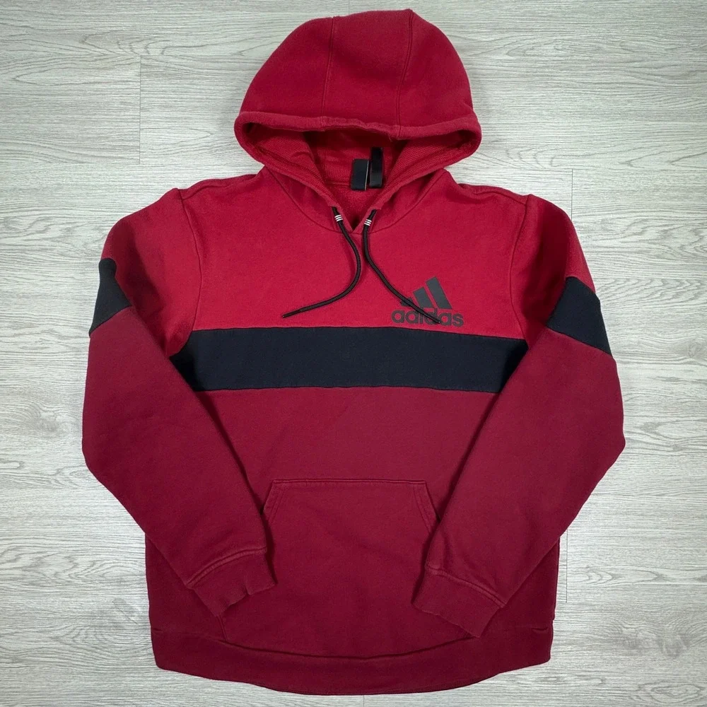 Adidas Men's Hoodie Pullover Red Large Colorblock Logo Sweatshirt‎
